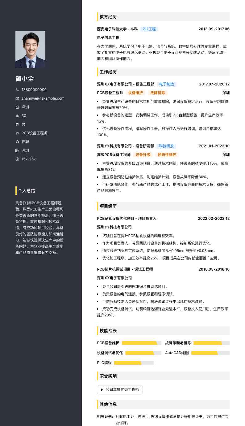 pcb设备工程师简历模板