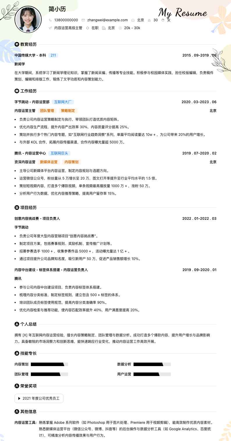 内容运营高级主管简历模板