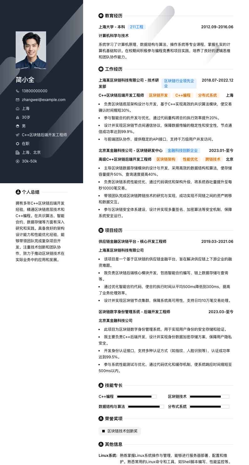 C++区块链后端开发简历模板