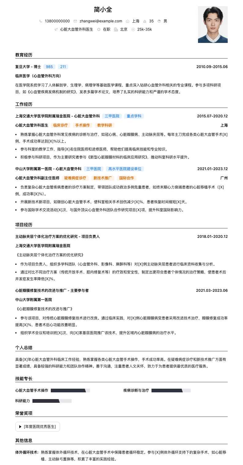 心脏大血管外科医生简历模板