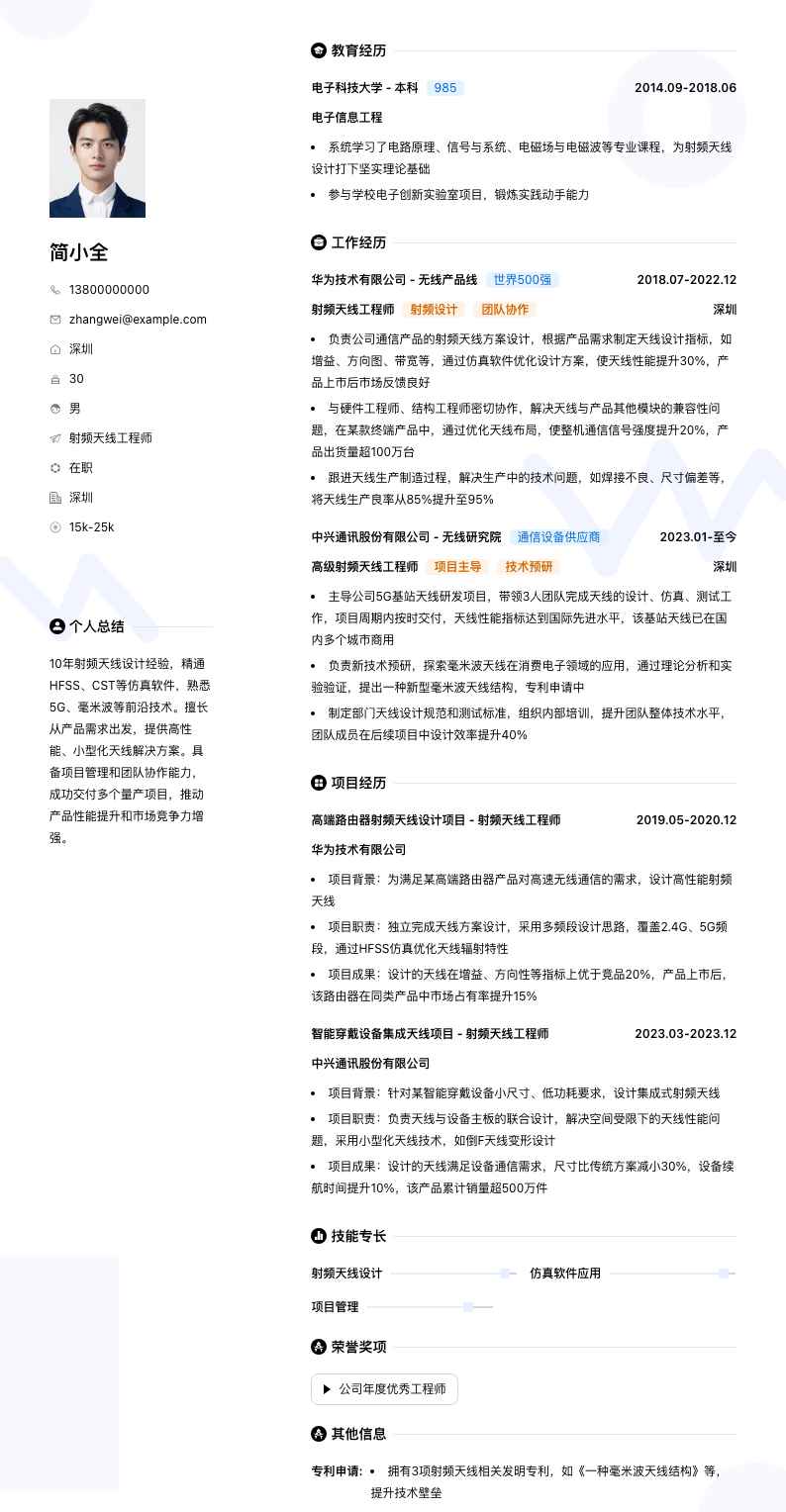 射频天线工程师简历模板