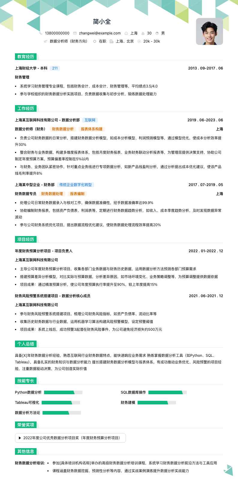 数据分析师财务简历模板