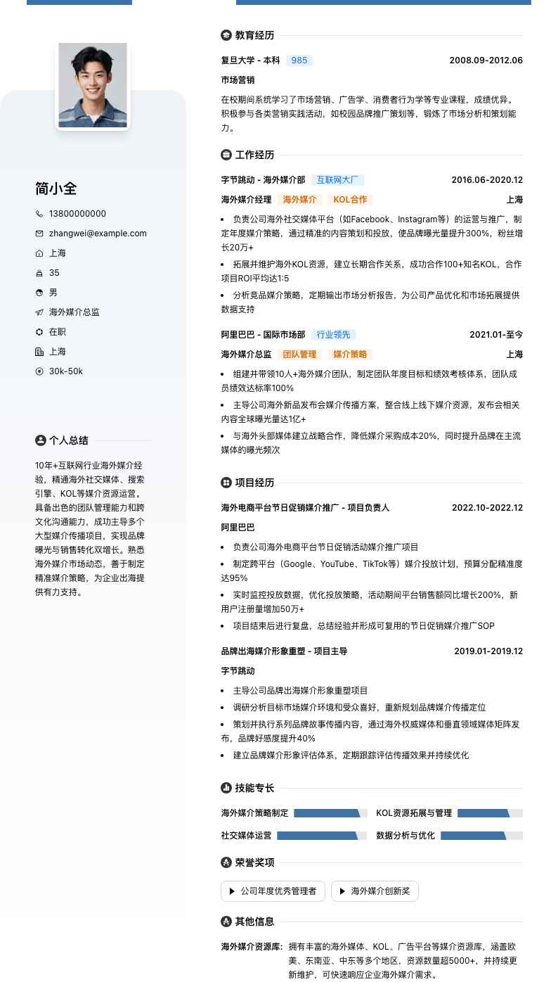 海外媒介总监简历模板