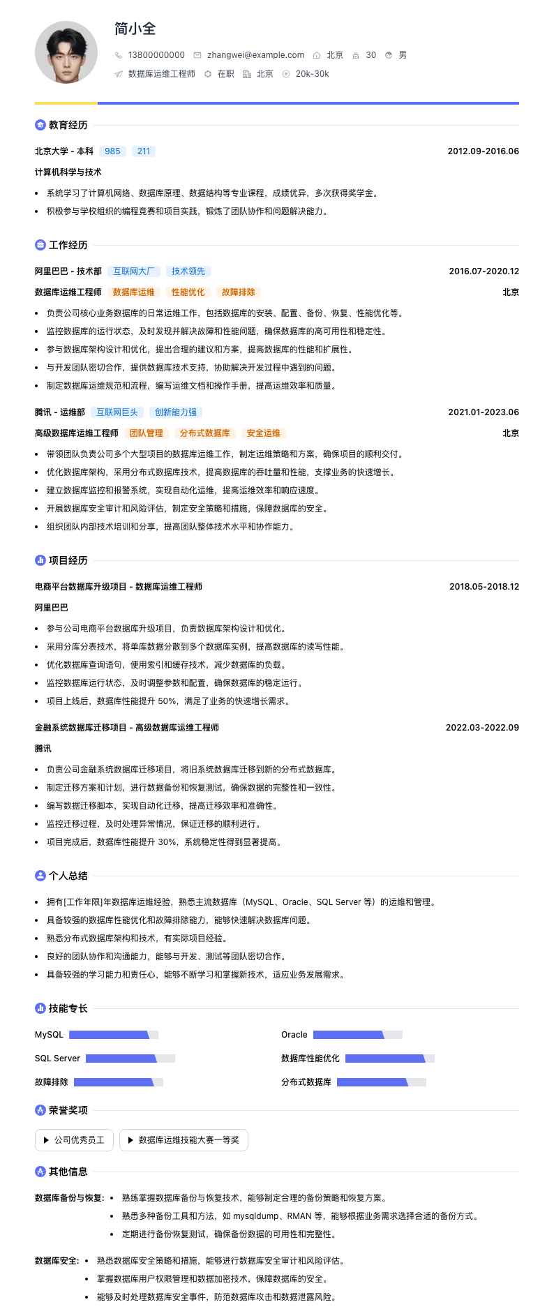 数据库运维工程师简历模板