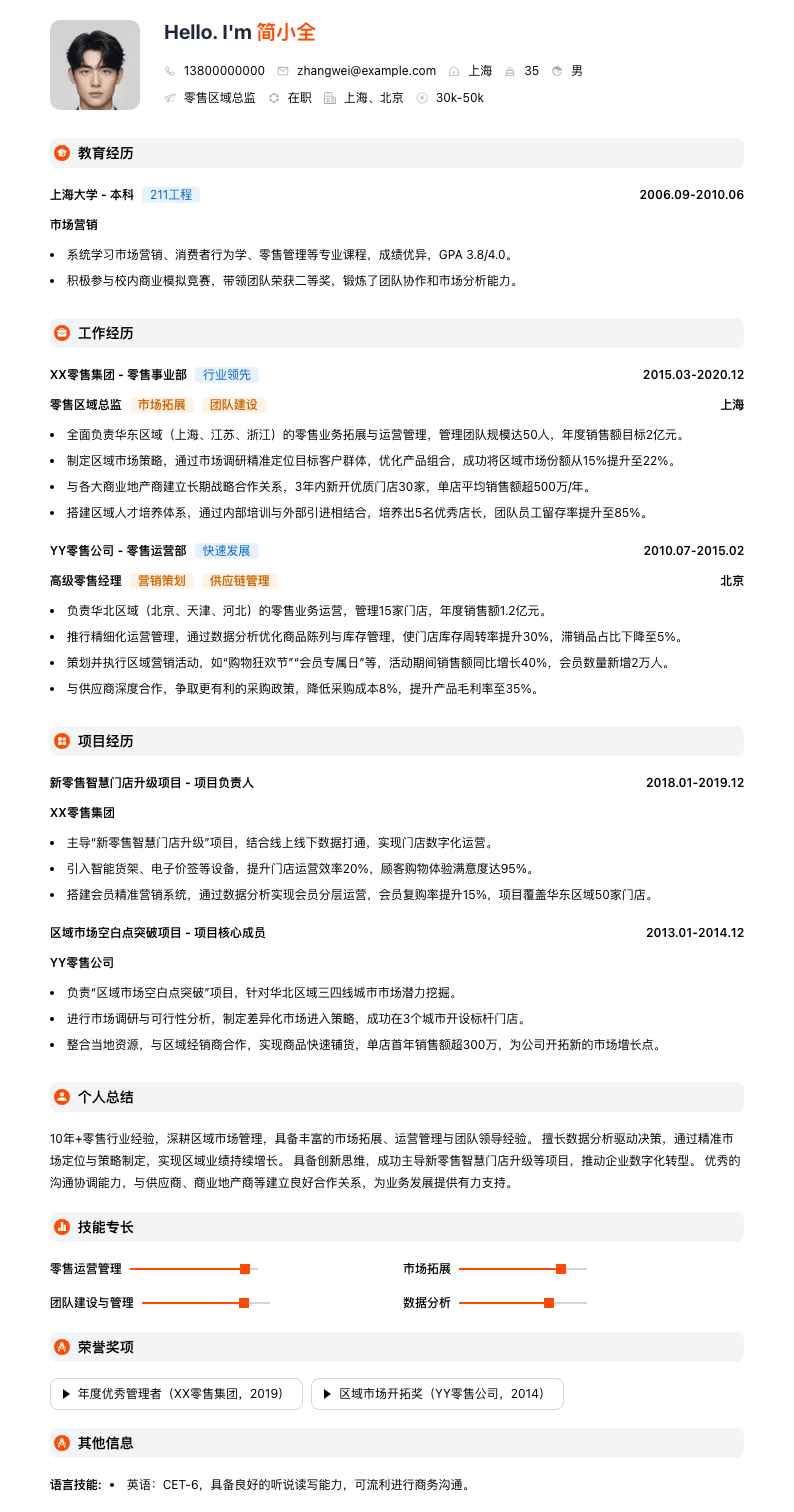 零售区域总监简历模板