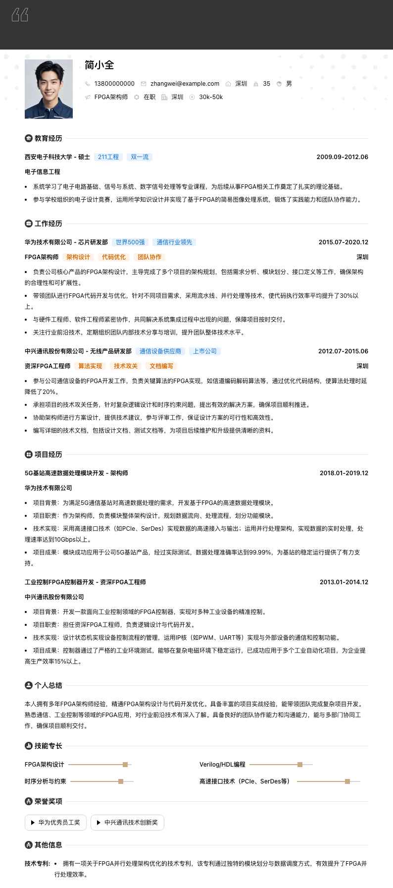 FPGA 架构师简历模板
