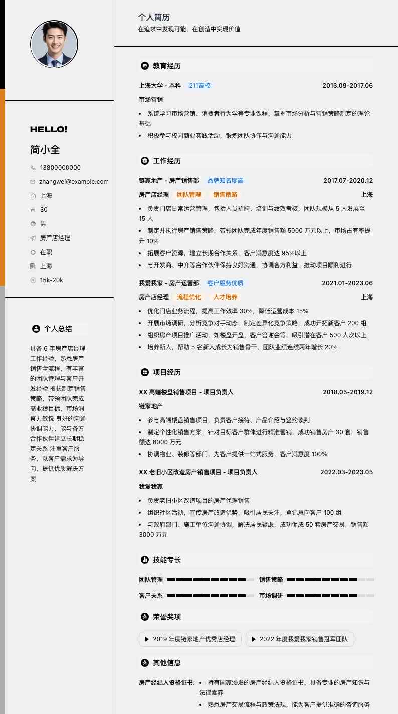 房产店经理简历模板