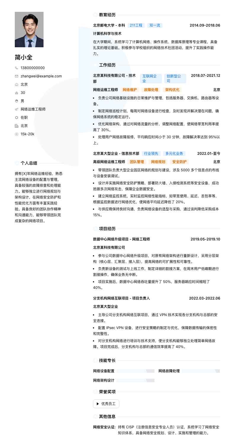 网络运维工程师简历模板