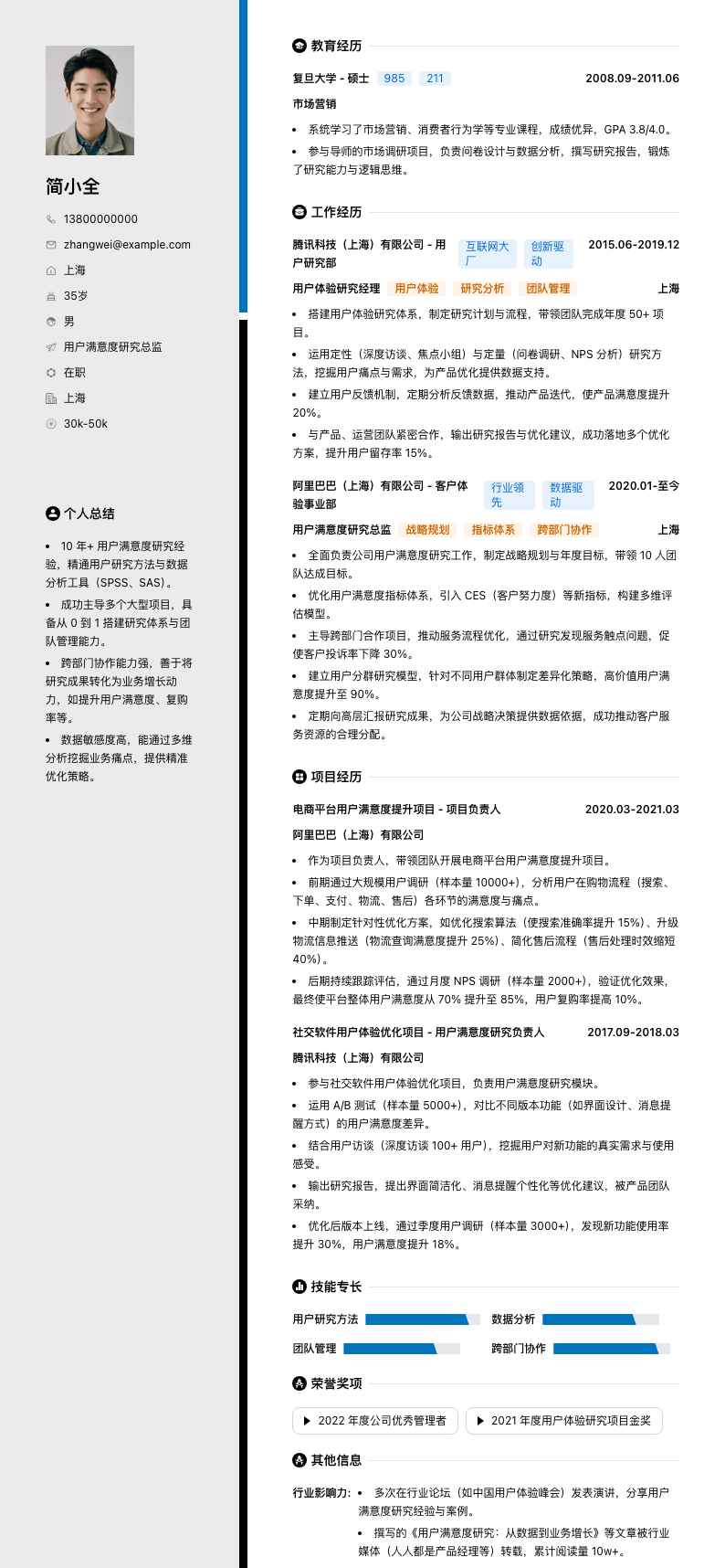 用户满意度研究总监简历模板