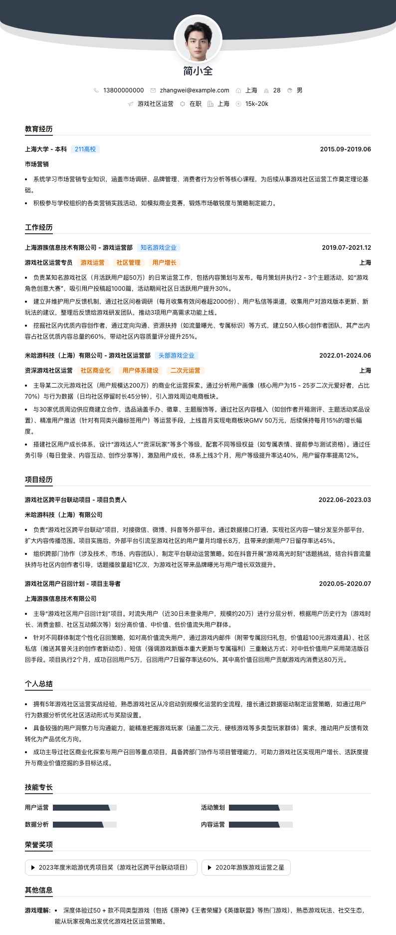 游戏社区运营简历模板