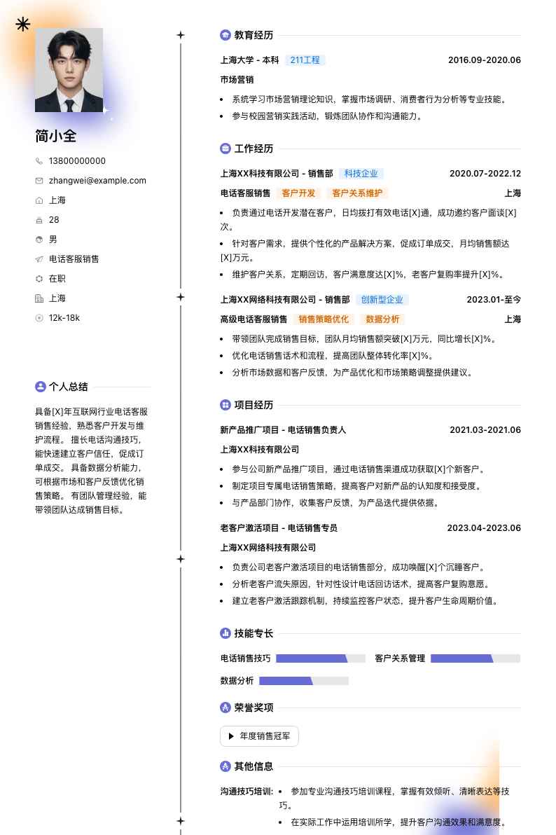 电话客服销售简历模板