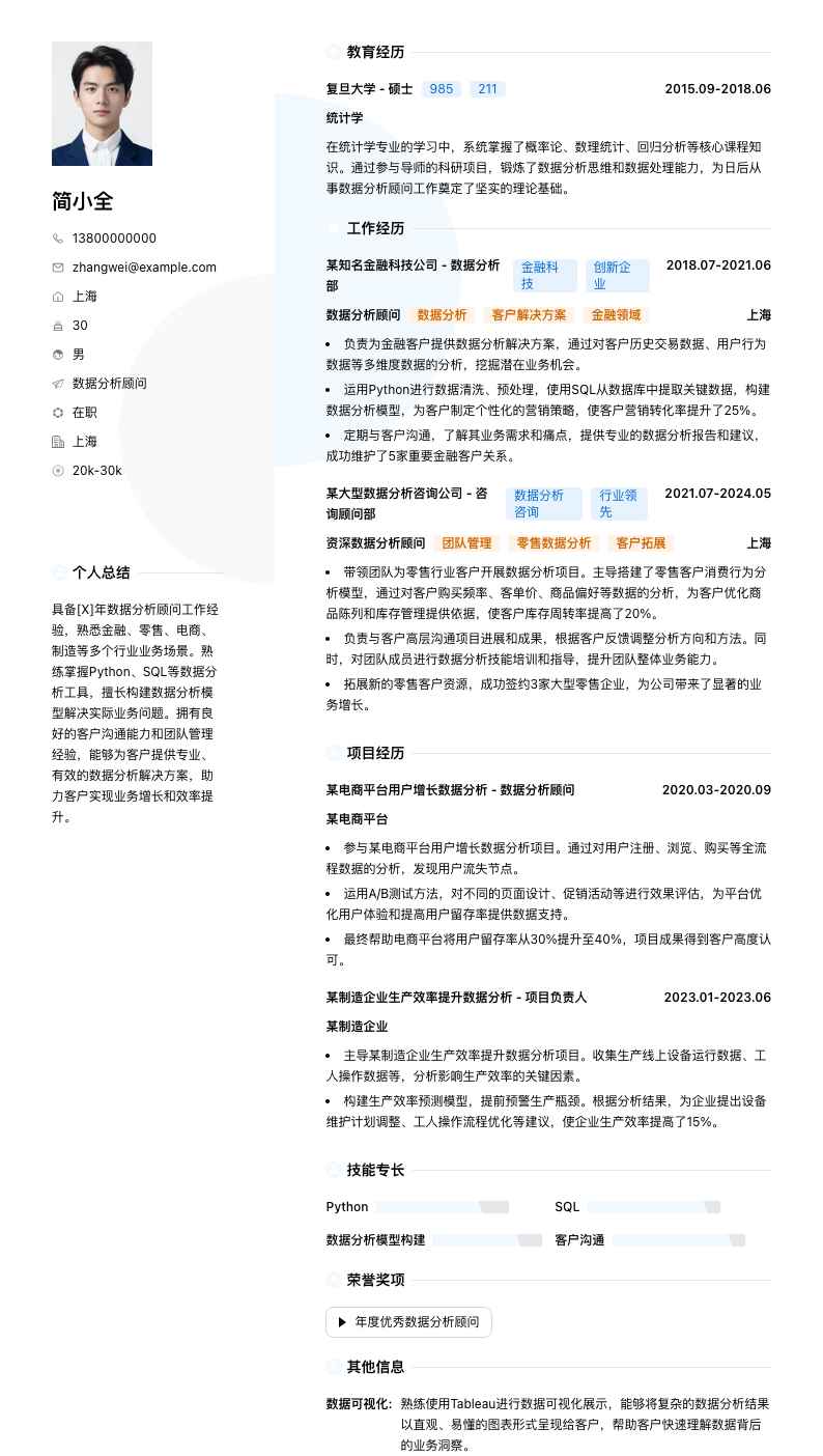 数据分析顾问简历模板