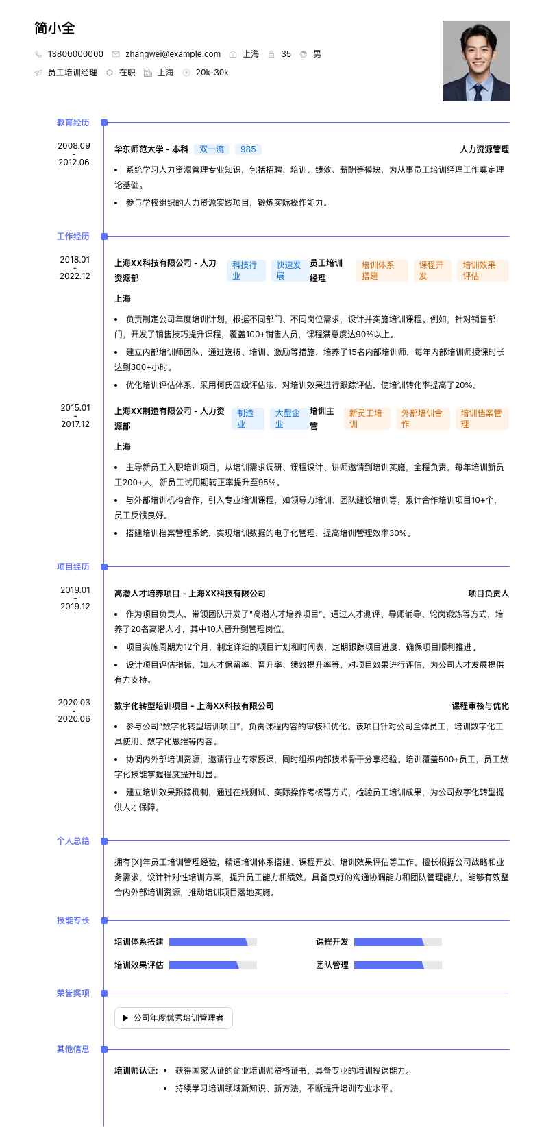 员工培训经理简历模板