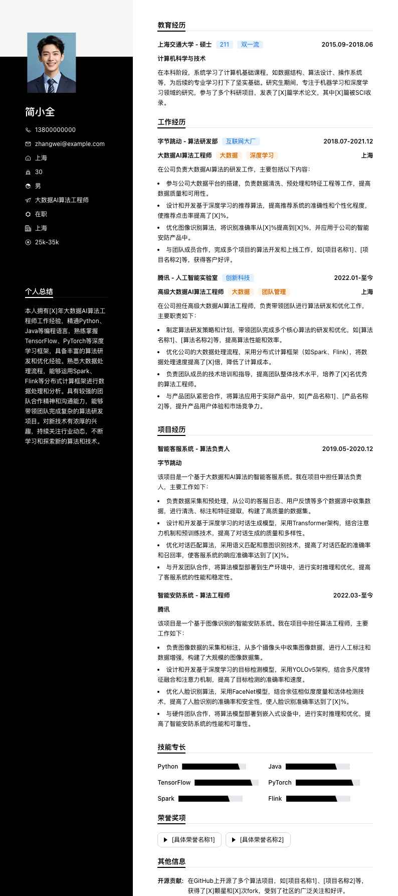 大数据ai算法工程师简历模板