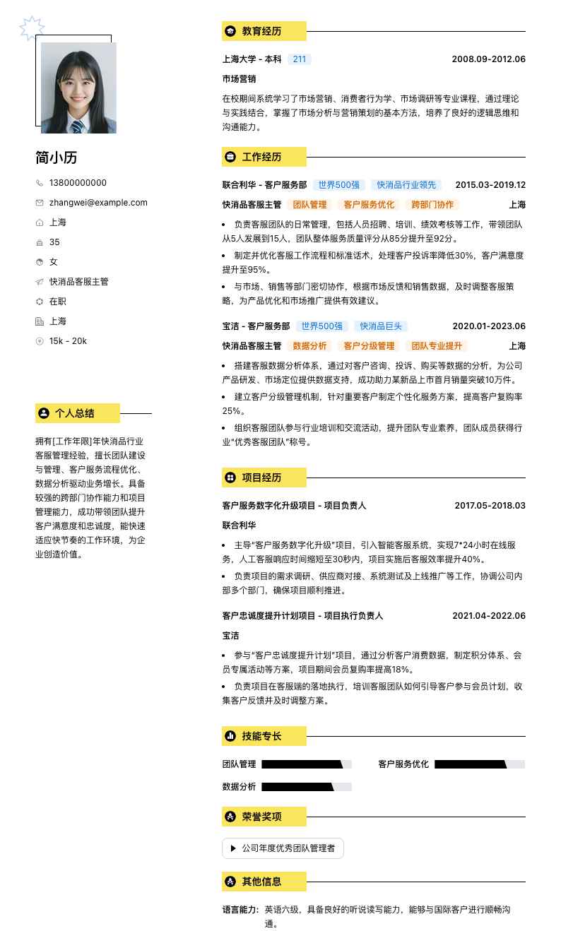 快消品客服主管简历模板