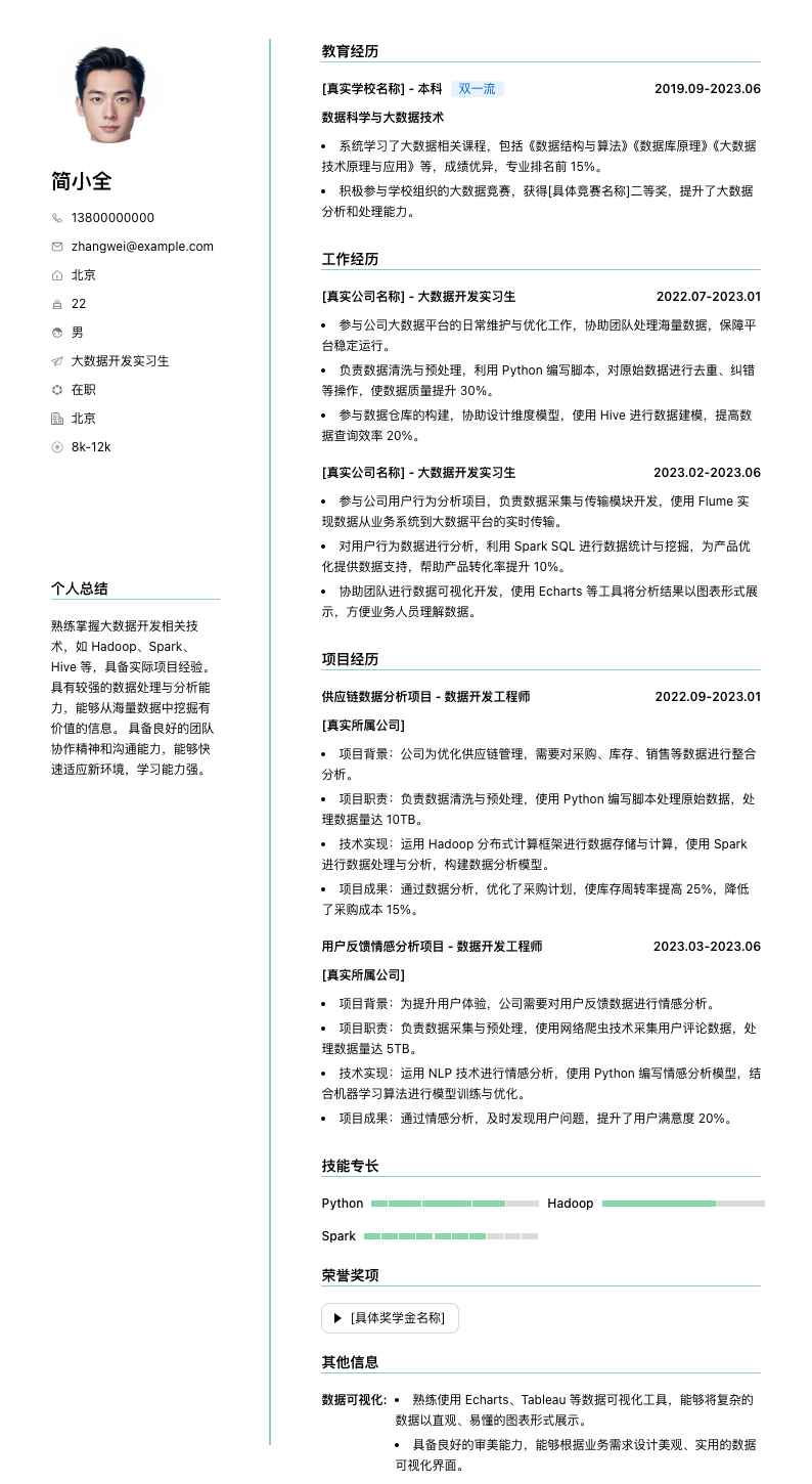 大数据开发实习生简历模板