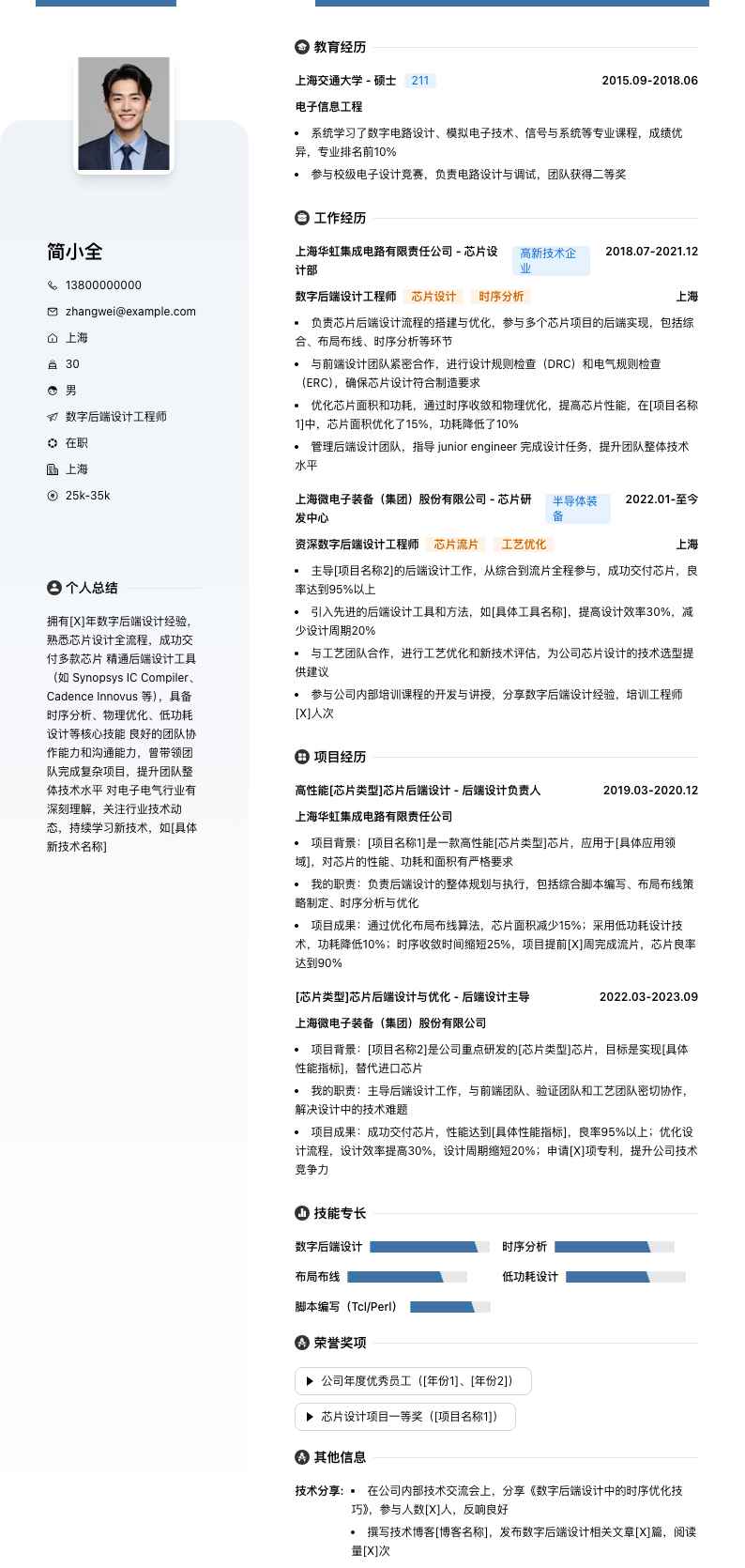 数字后端设计工程师简历模板