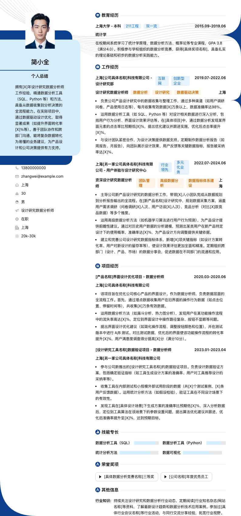 设计研究数据分析师简历模板
