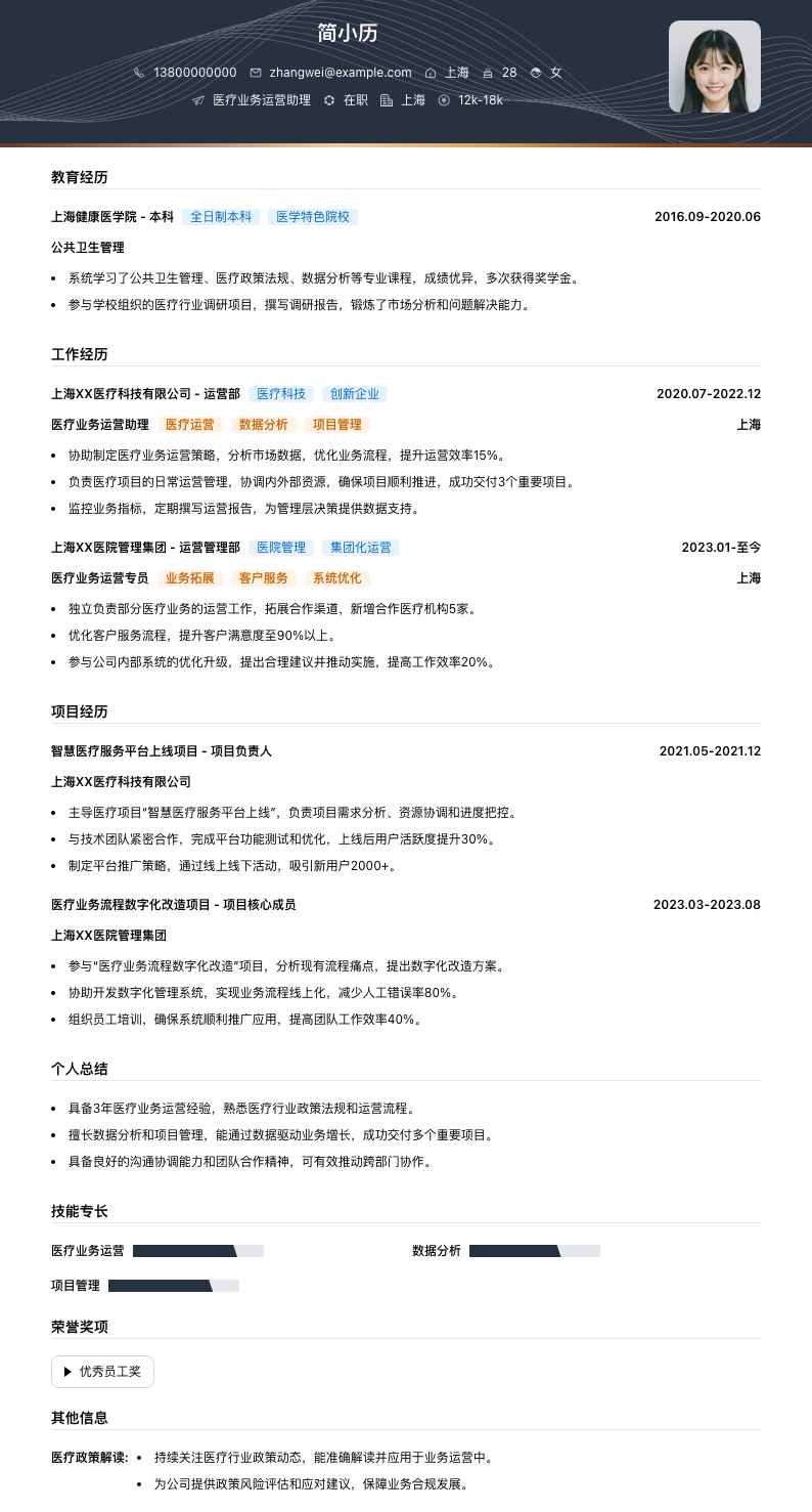 医疗业务运营助理简历模板