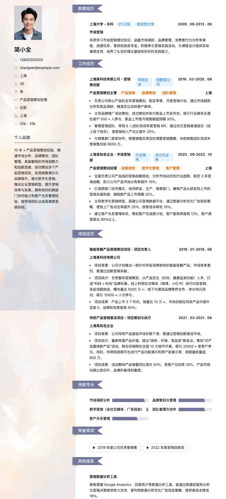 产品营销策划经理简历模板