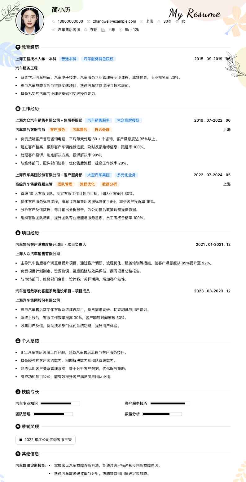 汽车售后客服简历模板