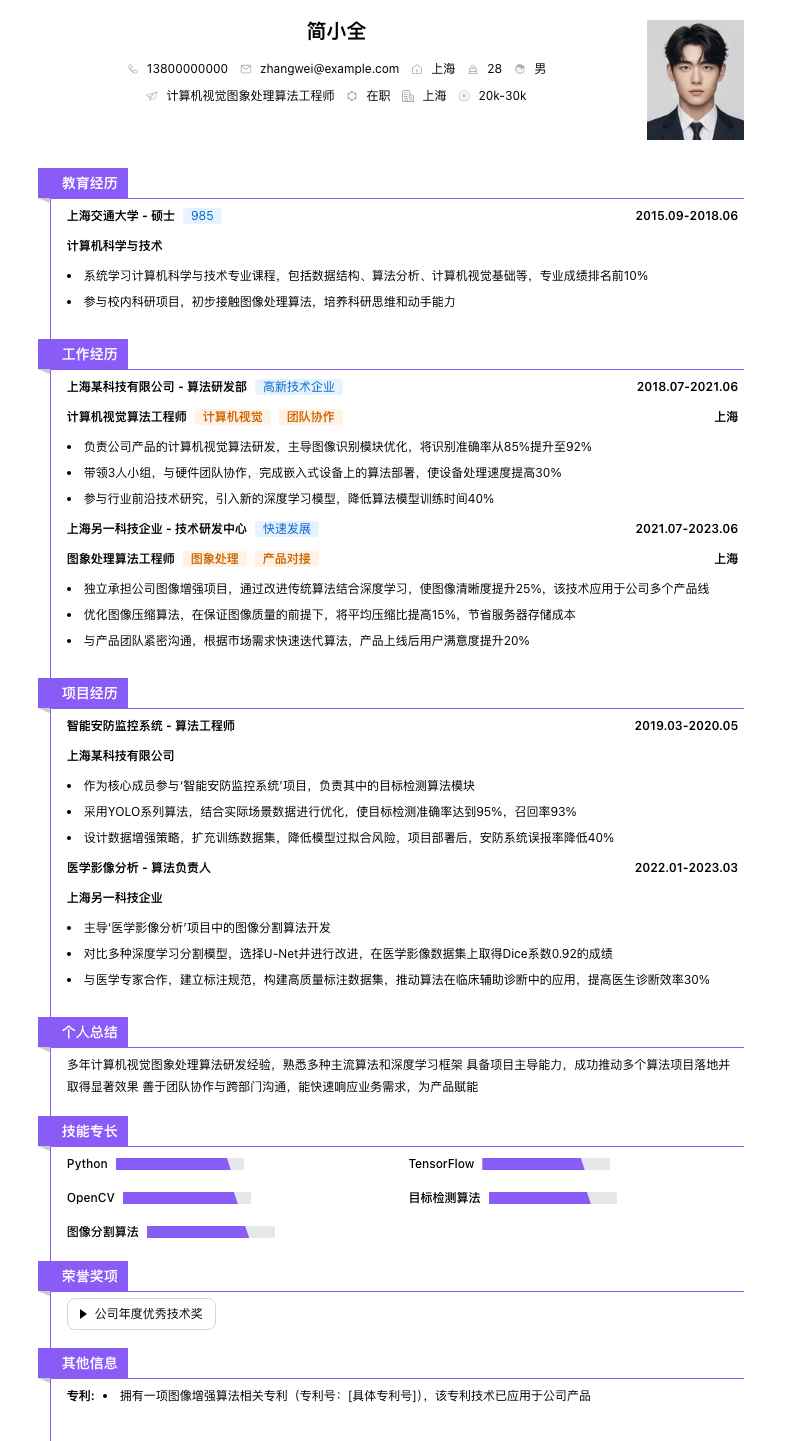计算机视觉图象处理算法工程师简历模板