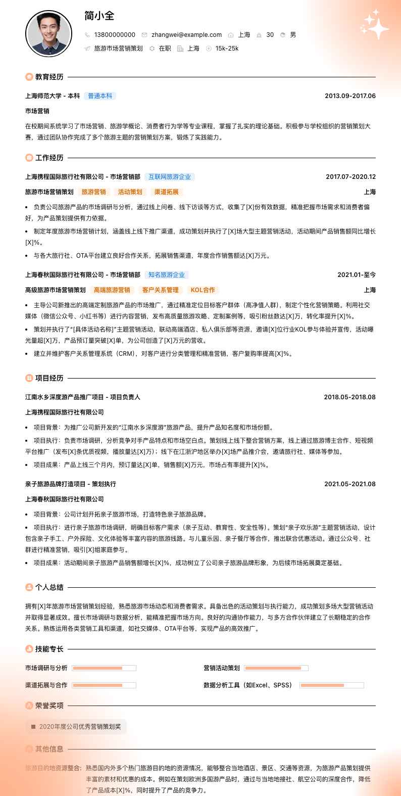 旅游市场营销策划简历模板