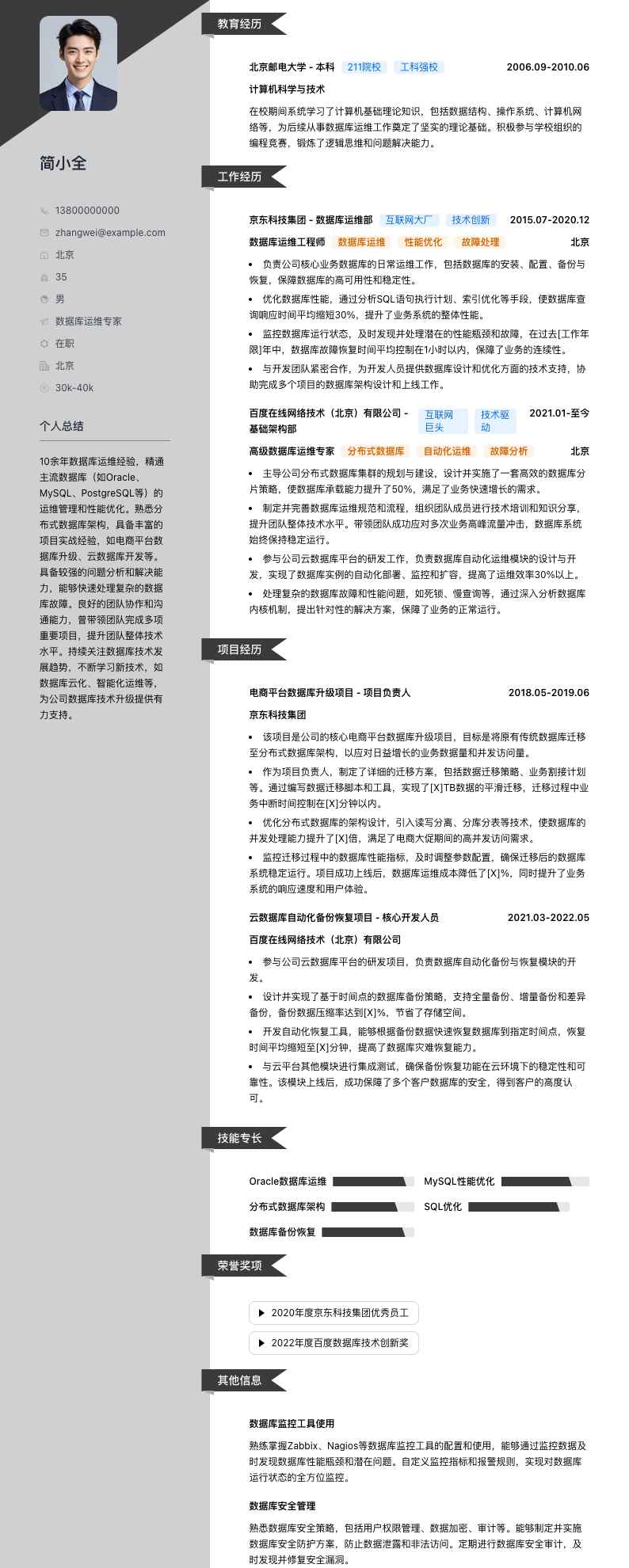 数据库运维专家简历模板