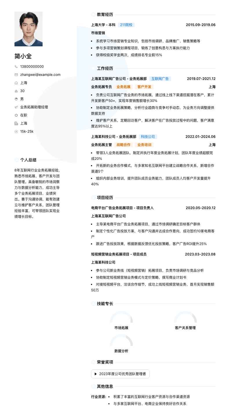 业务拓展助理经理简历模板