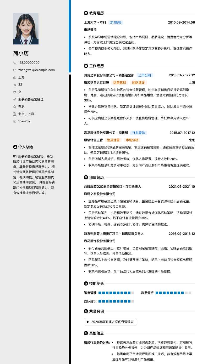 服装销售运营经理简历模板