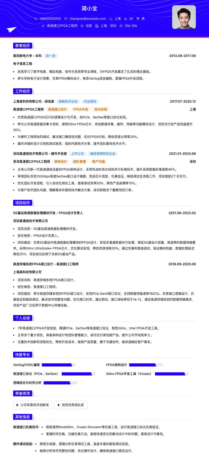 高速接口FPGA工程师简历模板