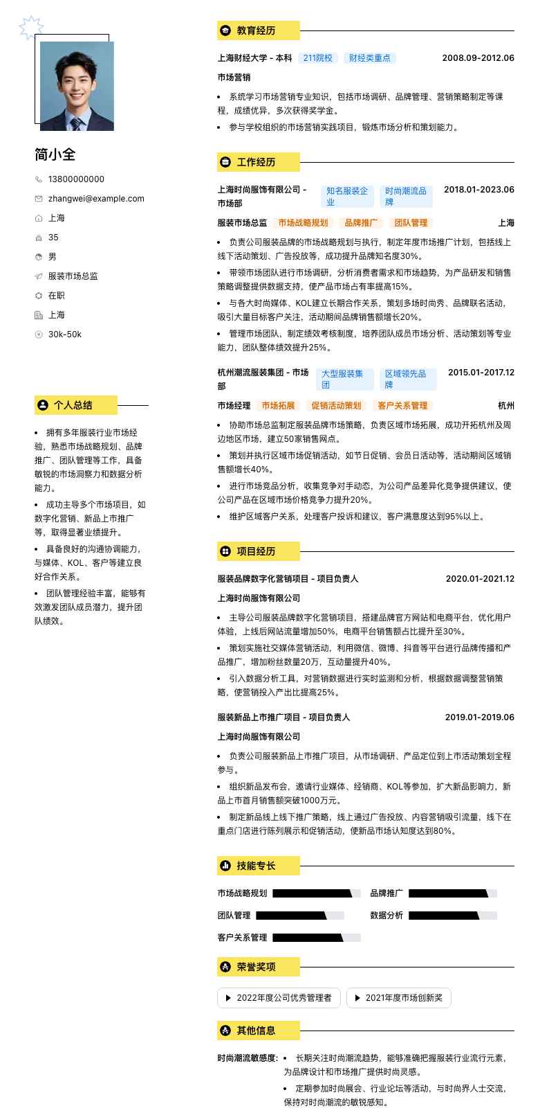 服装市场总监简历模板