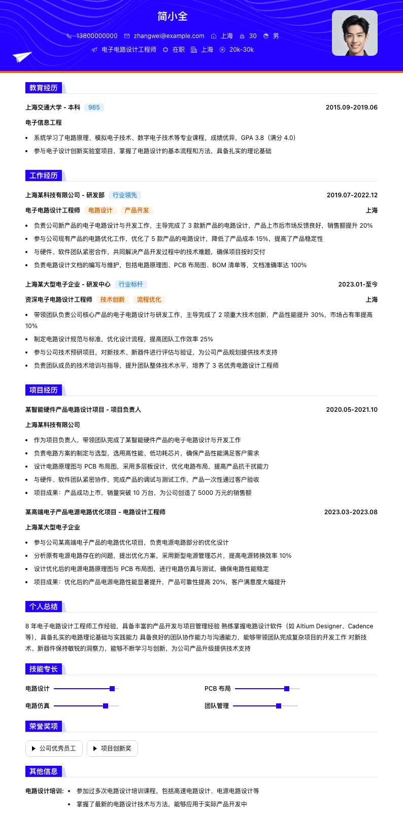 电子电路设计工程师简历模板