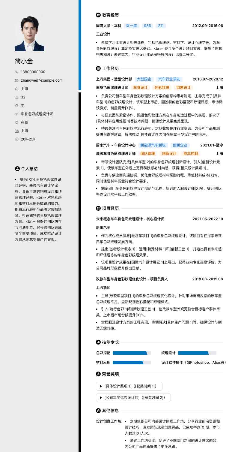 车身色彩纹理设计师简历模板