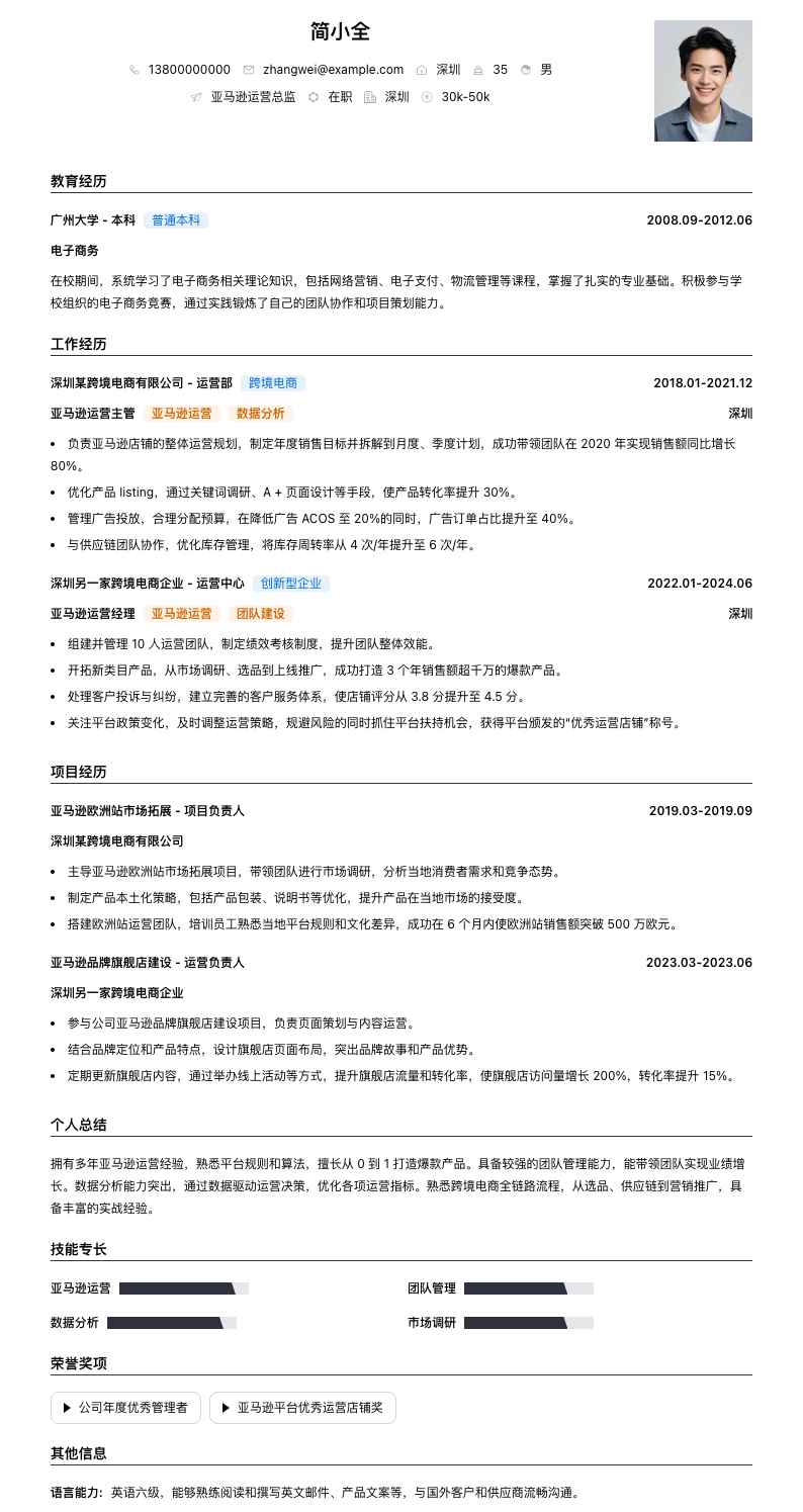 亚马逊运营总监简历模板