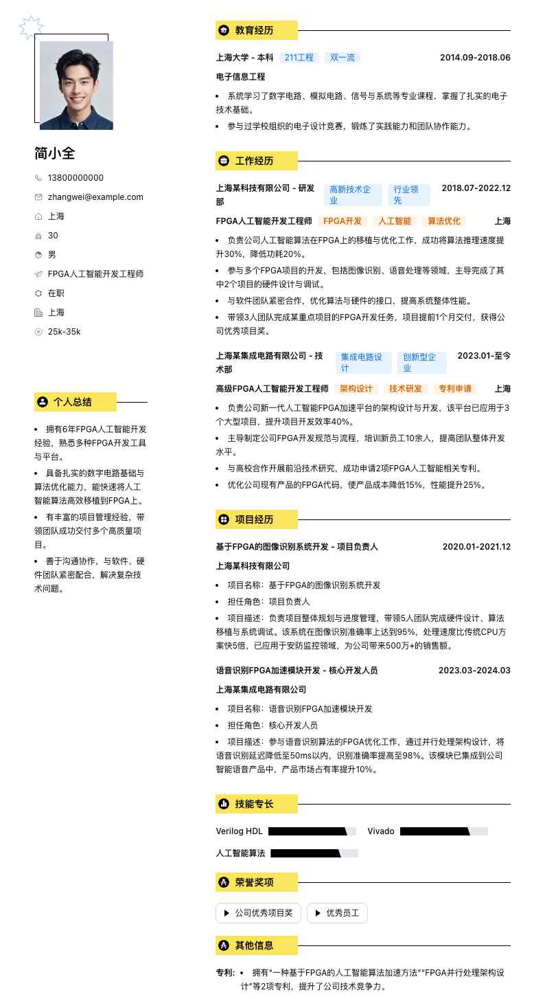 FPGA人工智能开发工程师简历模板