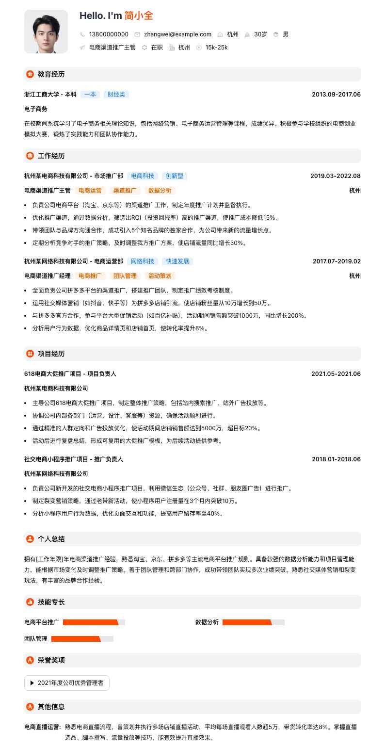 电商渠道推广主管简历模板