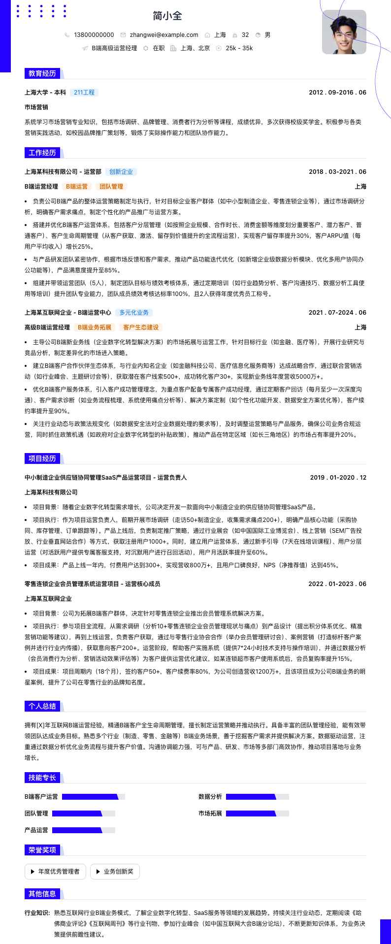 b端高级运营经理简历模板
