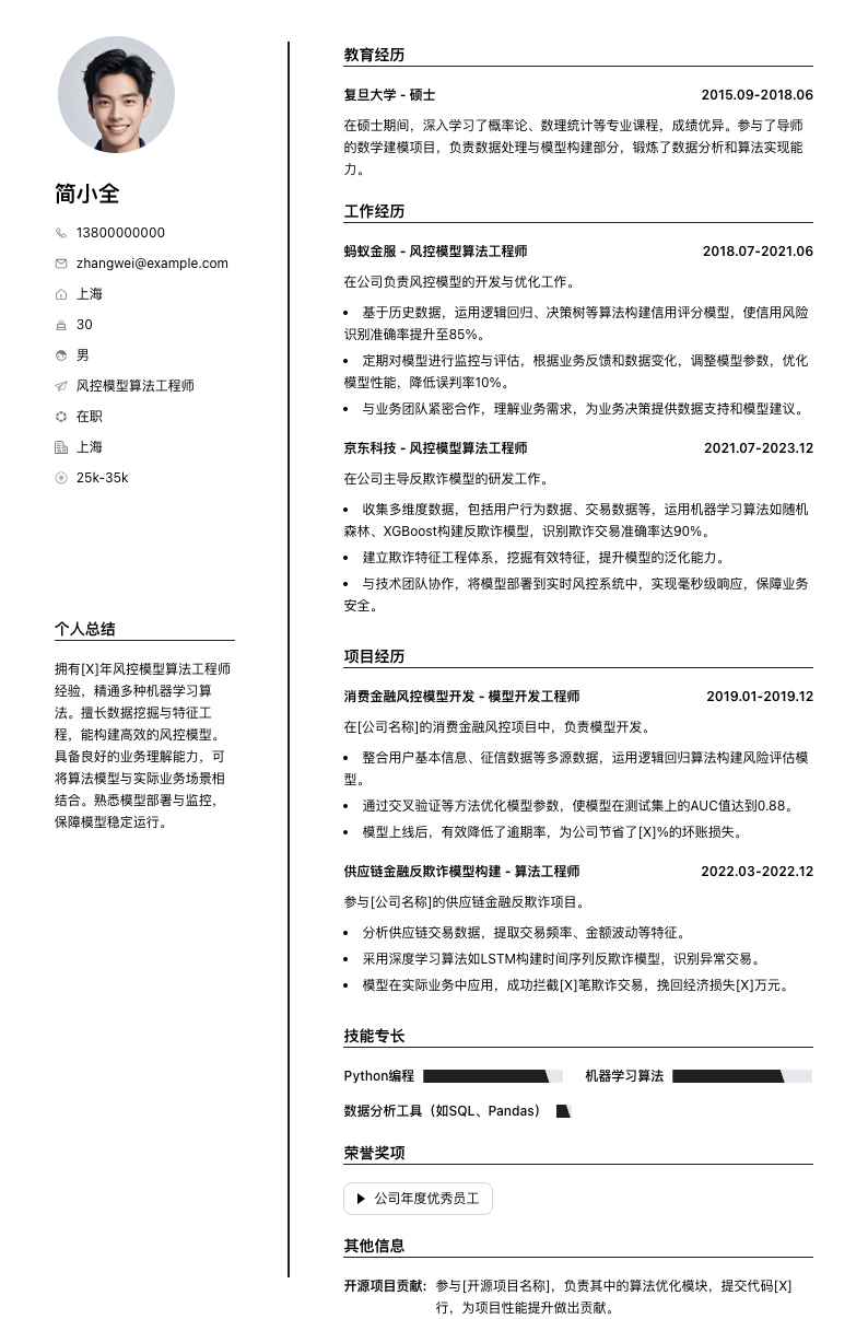 风控模型算法工程师简历模板