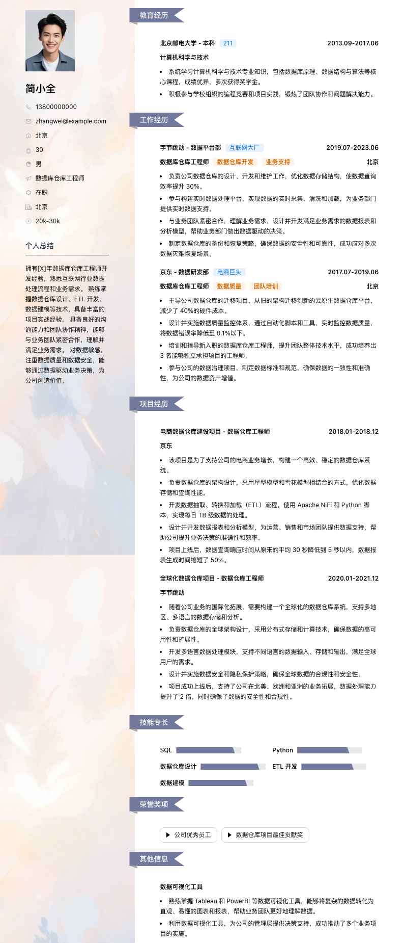 数据库仓库工程师简历模板