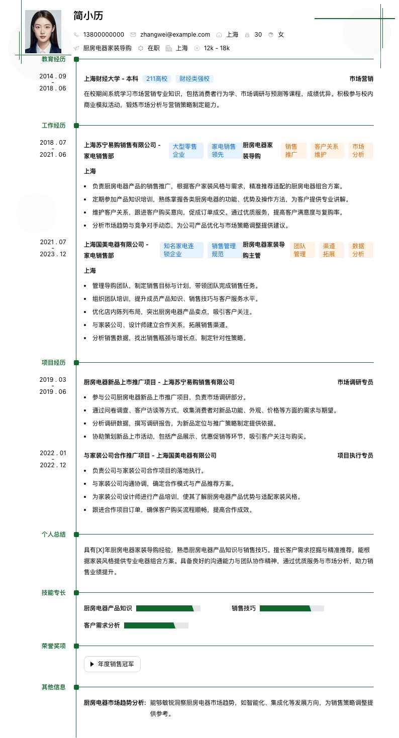 厨房电器家装导购简历模板