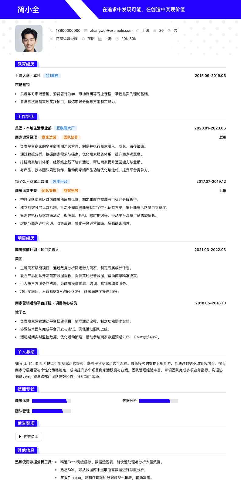 商家运营经理简历模板