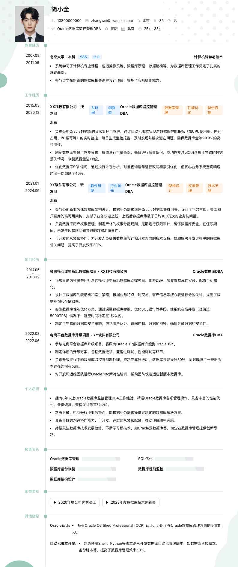 Oracle数据库监控管理DBA简历模板