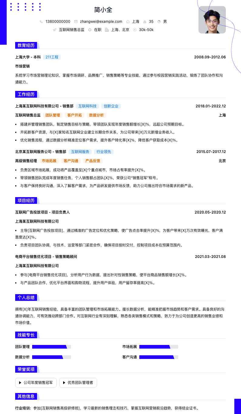 互联网销售总监简历模板