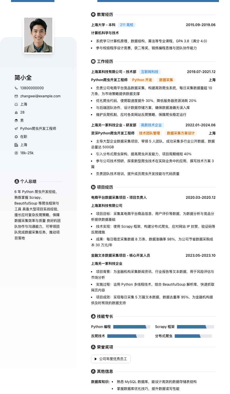 python爬虫开发工程师简历模板