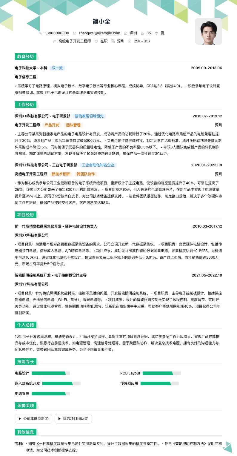 高级电子开发工程师简历模板