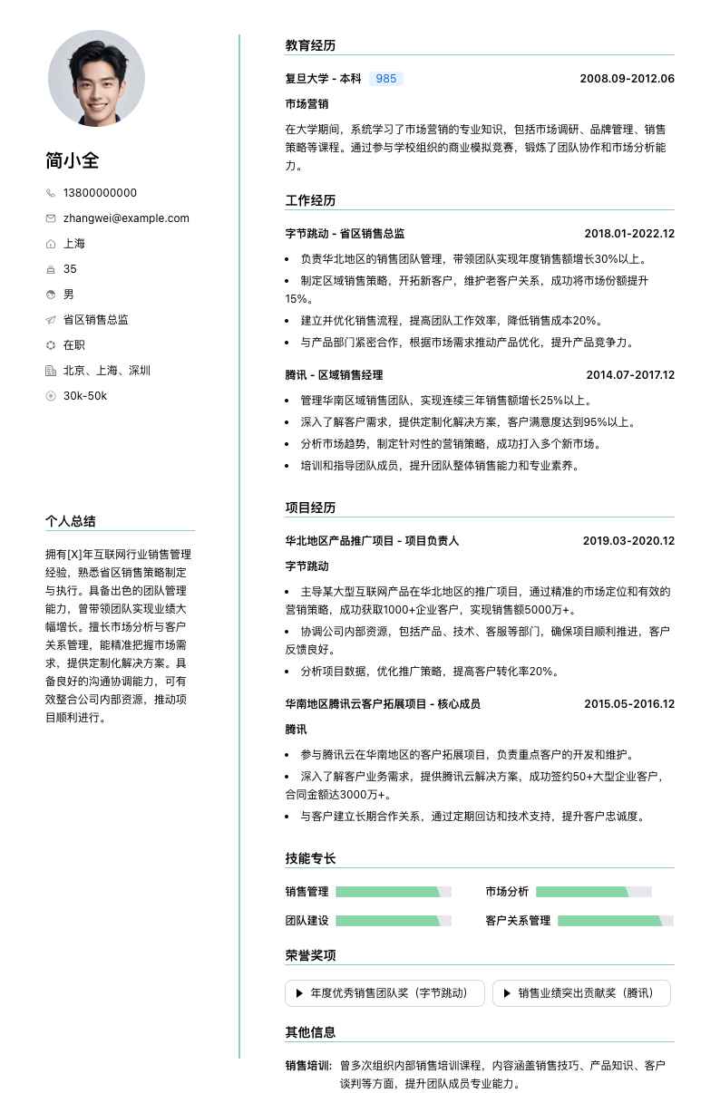 省区销售总监简历模板