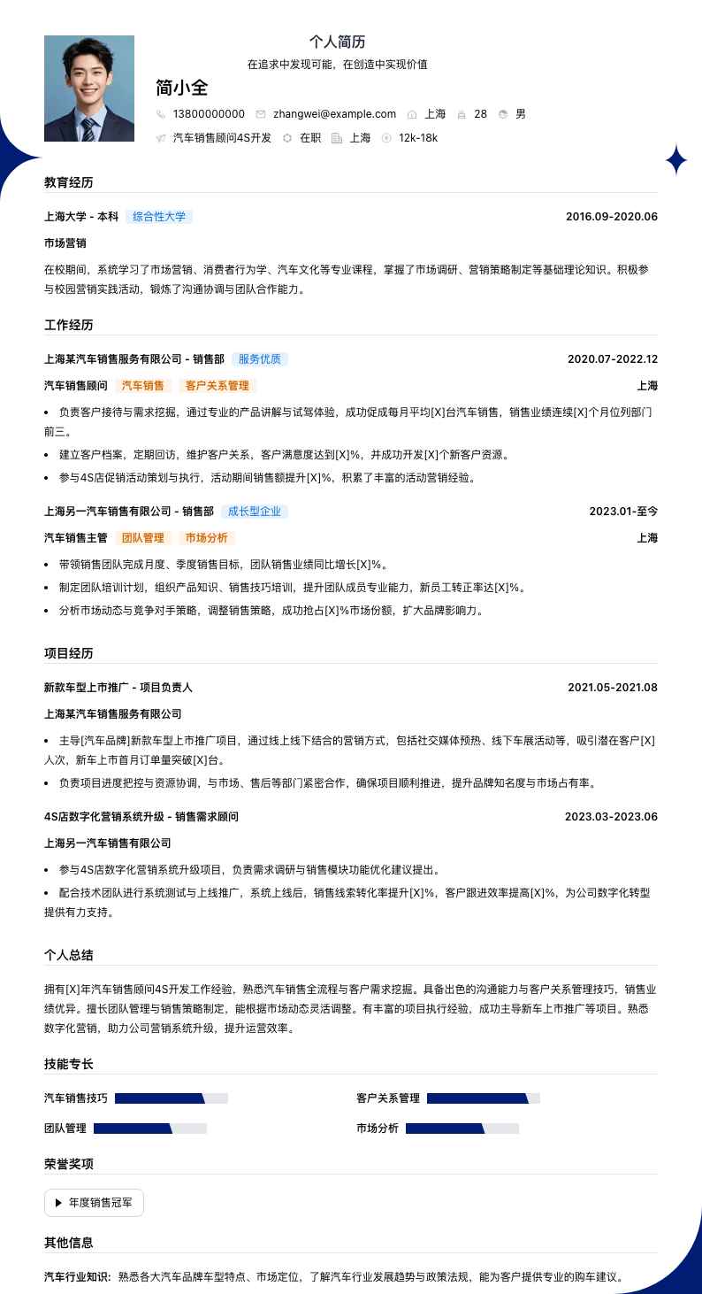 汽车销售顾问4s简历模板