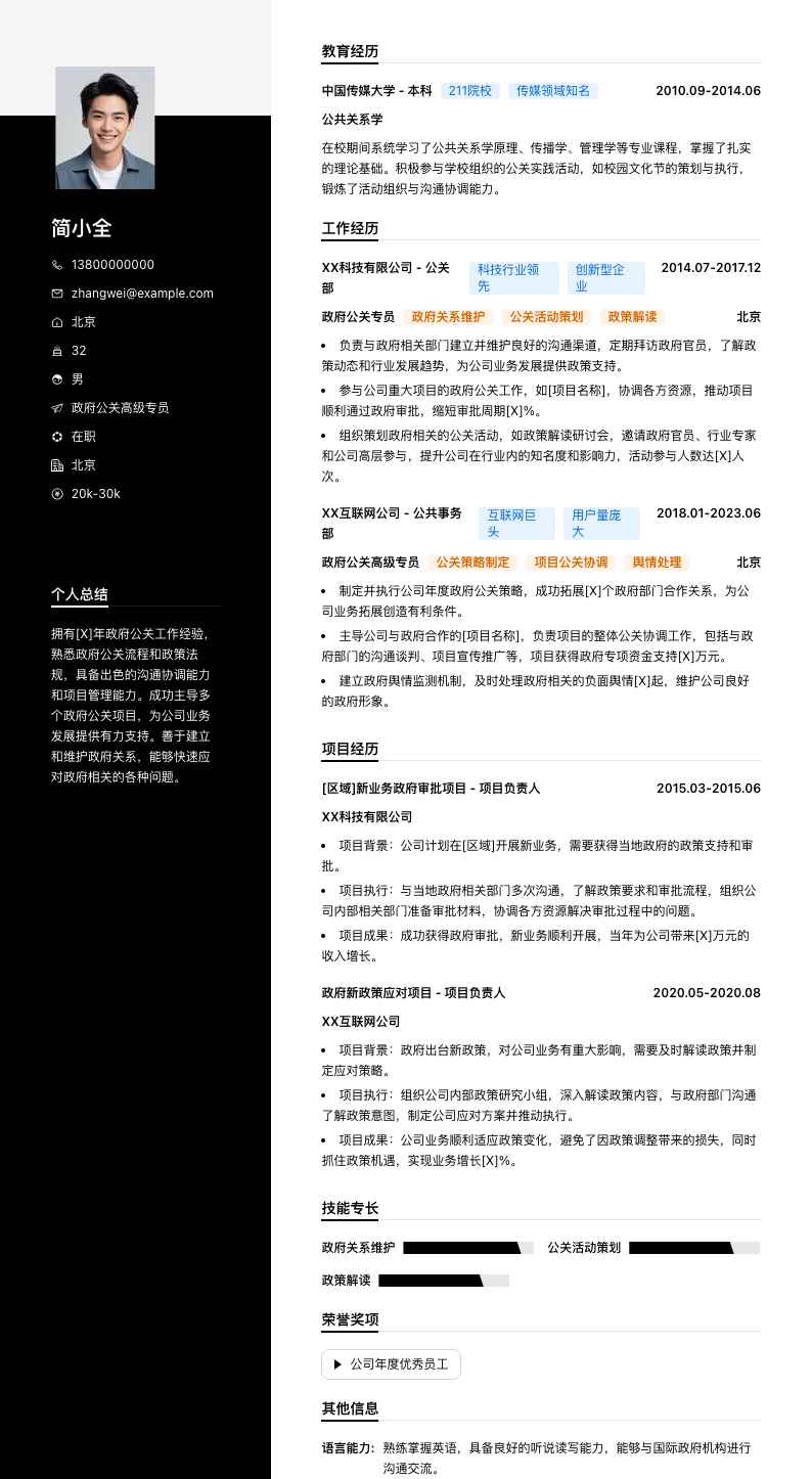 政府公关高级专员简历模板