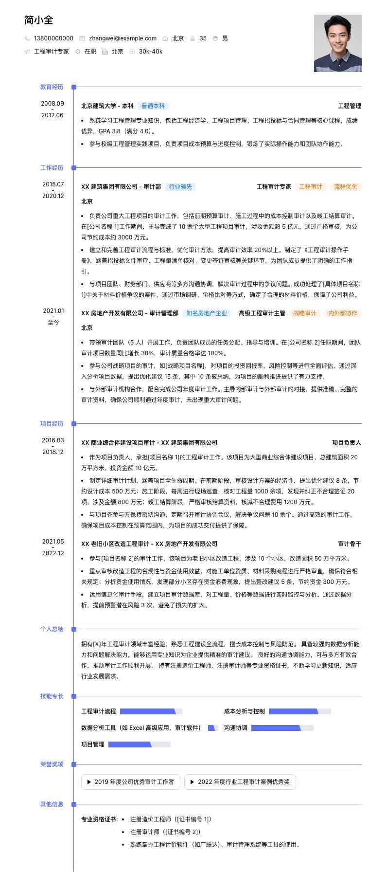 工程审计专家简历模板